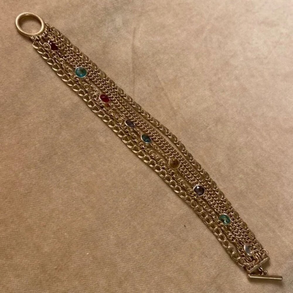 J. Crew Gold Tone Multi Strand Toggle Bracelet with Crystal Accents